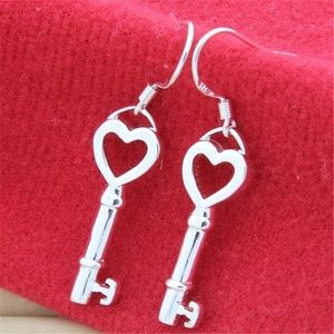 New Sterling Silver 925 Heart Key Earrings set